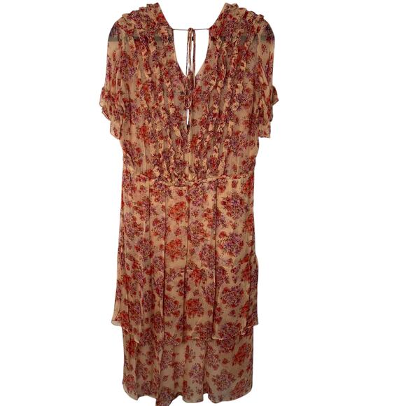 The Kooples Paris S Cottagecore Ruffle Midi Dress Tan Pink Floral Flowy Chiffon - Picture 14 of 16